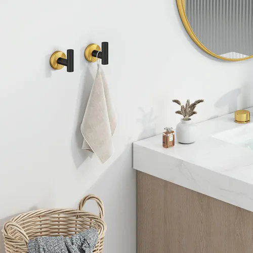 Miniatura 2 de Gancho de Toalla Angle Simple 2 Piezas, Oro y Negro, Soporte de Acero Inoxidable para Baño y Bata, Cuchillo Redondo para Toalla de Mano, Montado
