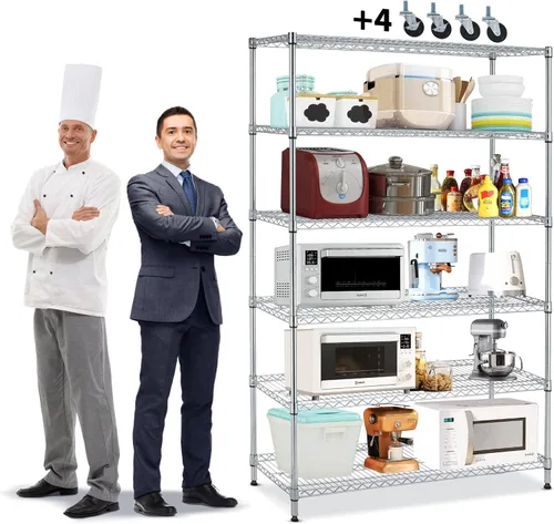 Miniatura 9 de Estantería metálica de 6000 libras de capacidad, estantes ajustables de 6 niveles para almacenamiento, estante de alambre de grado comercial Cromado