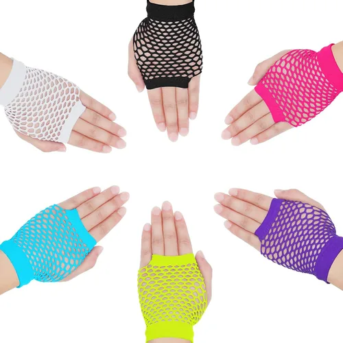 Miniatura 3 de SATINIOR 12 pares de guantes de malla de red de los años 80 y 90 para mujer, guantes largos sin dedos de neón para fiesta de Halloween, disfraz