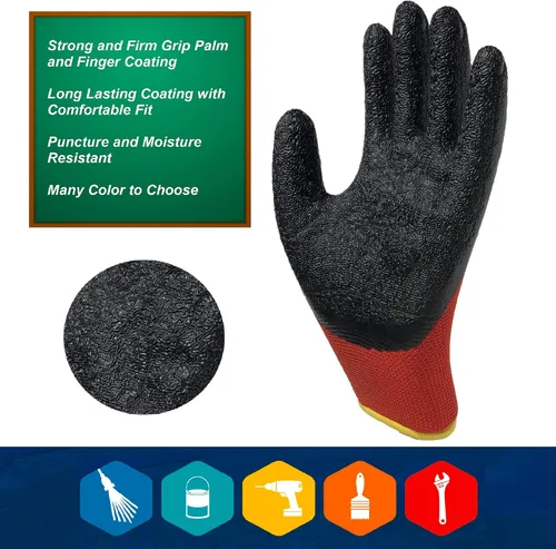 Miniatura 3 de Guantes de seguridad recubiertos para el trabajo, paquete de 8 pares, agarre firme, uso general y jardinería, para hombres y mujeres (talla S, rojo)