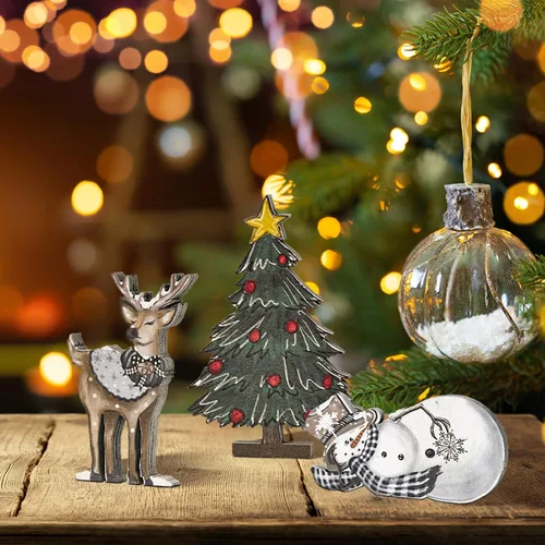 Miniatura 5 de Smile 3 Piezas Bloques de Madera Letreros de Navidad, Reno Árbol Muñeco de Nieve Decoraciones de Bandeja Escalonada, para Mesa y Estante del Hogar.