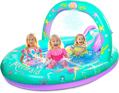 SULIFEEL Centro de Juego Inflable de Sirena Piscina para Niños con Tobogán y Aspersor para Niños, 96''x59''x39'' Piscina para Bebés para Patio