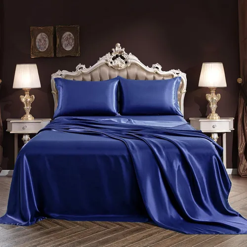 Miniatura 7 de SiinvdaBZX Juego de sábanas de satén de 4 piezas tamaño King, ultra sedosas y suaves, sábanas de cama King de satén azul marino con bolsillo
