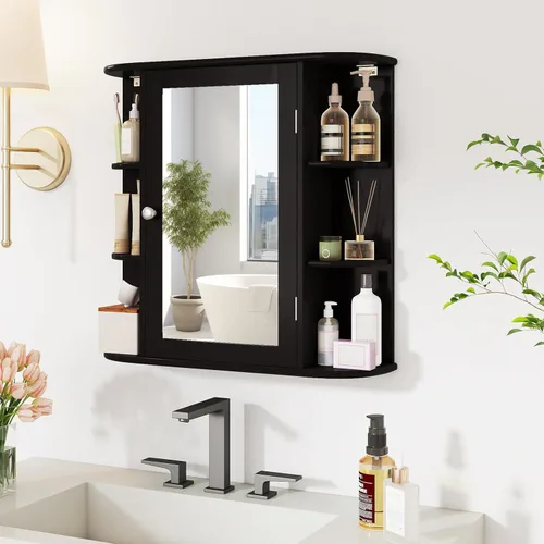 Miniatura 4 de Tangkula Botiquín de baño con espejo, almacenamiento para el hogar montado en la pared con puerta y 6 estantes abiertos, estantes ajustables, Negro