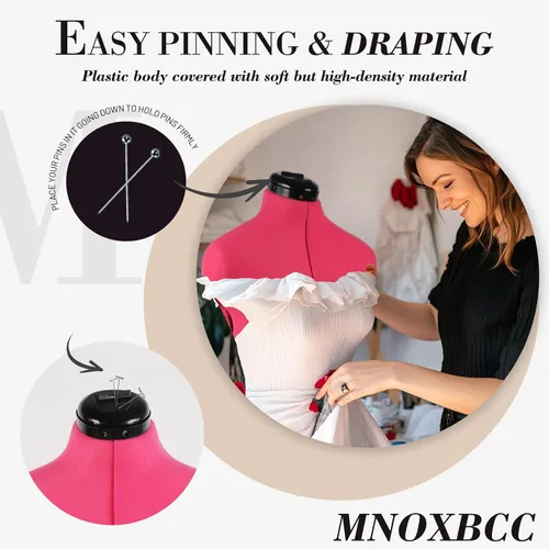 Miniatura 3 de Maniquí Ajustable Rosa para Vestidos de Costura Femenino Talla 6-14, Cuerpo de Modelo Pinchable con 13 Diales y Guía de Dobladillo de 360 Grados