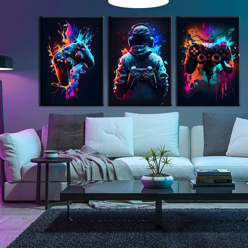 Miniatura 7 de 3 piezas de arte de pared de videojuegos geniales retro acuarela pósters cuadros coloridos neón gamepad lienzo pintura impresiones para habitación