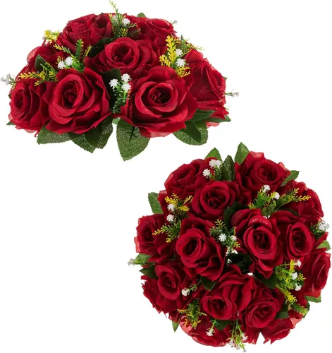 BLOSMON Bolas de flores, centros de mesa de rosas de boda: 2 piezas de flores falsas carmesí decoración de bolas de besos Arreglos florales