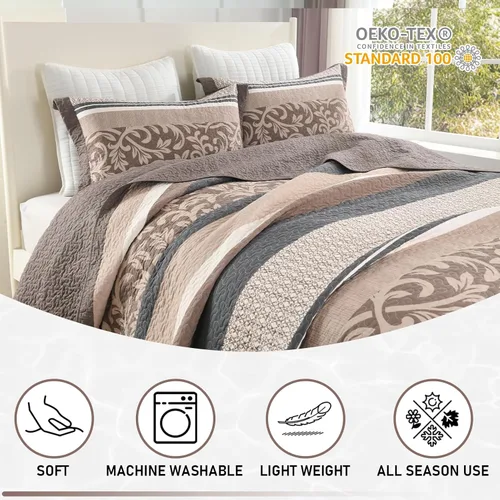 Miniatura 8 de KALOOLA Colchas de granja tamaño Queen – Juego de ropa de cama acolchado ligero 100% algodón, 3 piezas, colcha botánica a rayas estampada con 2