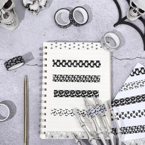 Miniatura 5 de Whaline 12 rollos de cintas Washi de Halloween, color blanco y negro, fantasma, murciélago, araña, calabaza, Washi, cinta adhesiva de 0.591 in