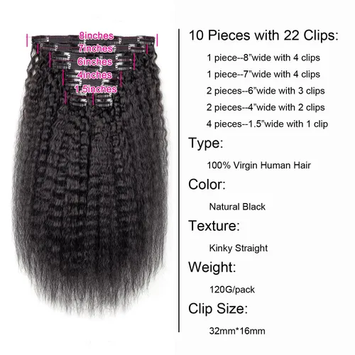 Miniatura 2 de Extensiones de cabello humano real con clip, de 14 pulgadas, color negro natural, doble trama, 10 unidades, 4.23 oz