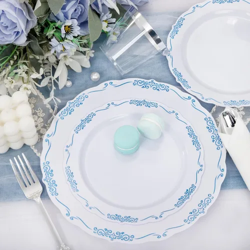 Miniatura 7 de DaYammi 350 piezas de platos de plástico azules y blancos desechables para fiestas, incluyen 50 platos de cena, 50 platos de postre, 50 servilletas