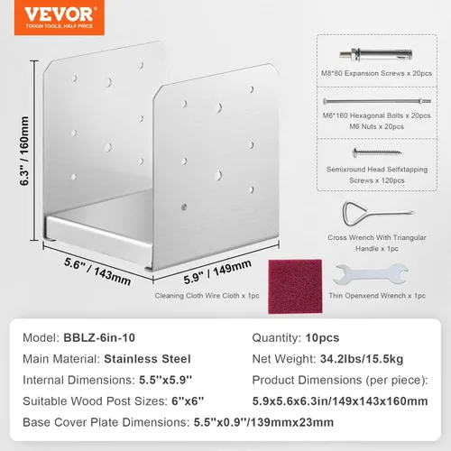 Miniatura 7 de VEVOR Base de Poste de 6" x 6", 10 Piezas Soporte de Anclaje de Poste Ajustable de Acero Inoxidable (Interno 5.9 x 5.5"), Base de Poste Ajustable