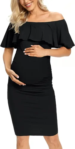 Miniatura 3 de Vestido de maternidad ajustado con volantes y hombros descubiertos, vestido de embarazo formal para baby showerfotografía