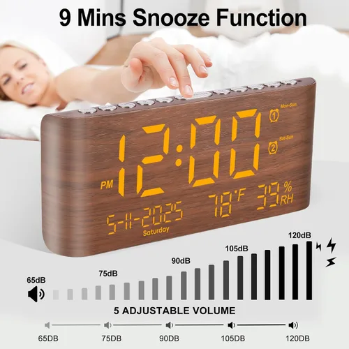 Miniatura 6 de PPLEE Reloj despertador digital de 8.7 pulgadas para dormitorio, reloj digital con día de la semana, mes, año, humedad y temperatura, brillo