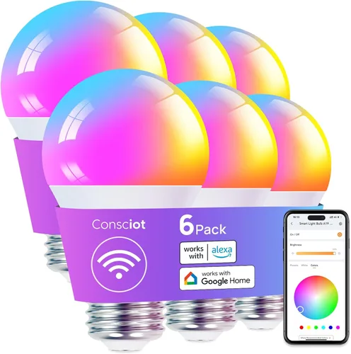 Miniatura 9 de Consciot - Foco LED inteligente, bombilla WiFi que cambia de color A19 E26 compatible con Alexa y Google Home, equivalente a 60 W, sincronización