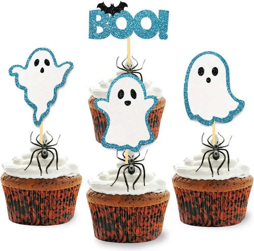 Miniatura 10 de 24 piezas de adornos de Halloween para cupcakes fantasmas, palillos de revelación de género para niños y niñas, adornos para tartas rosas y azules