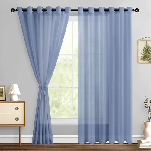 Miniatura 11 de Hiasan - Cortinas traslúcidas de gasa cortas semitransparentes con ojales y alzapaños filtrantes de luz para ventana, dormitorio, baño, 2 paneles