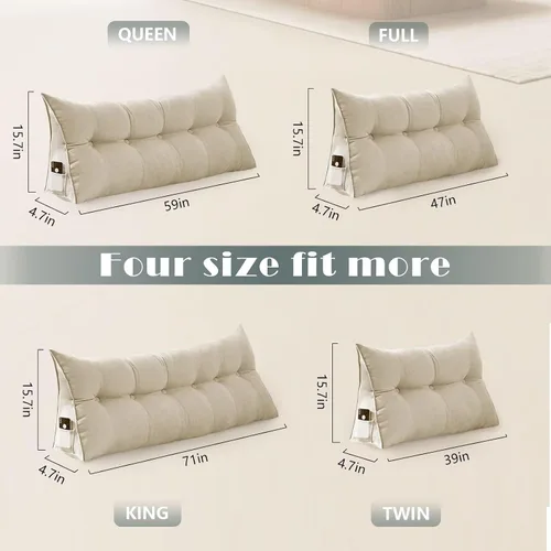 Miniatura 6 de Almohada de cuña de cama para cabecero triangular, almohadas de lectura para sentarse en la cama, apoyo, respaldo, beige, 47 x 4.7 x 15.7 pulgadas