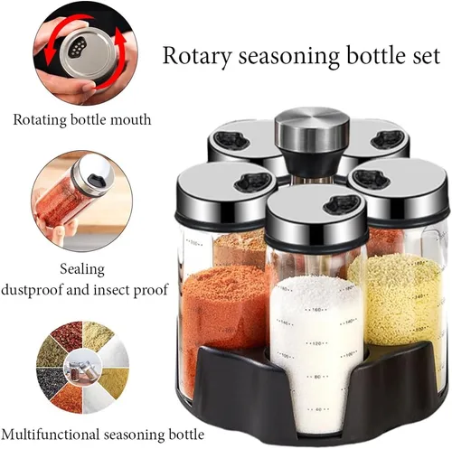 Miniatura 6 de Organizador giratorio para especias, estante giratorio para condimentos con 5 tarros grandes de vidrio de 6.8 fl oz para armario de encimera