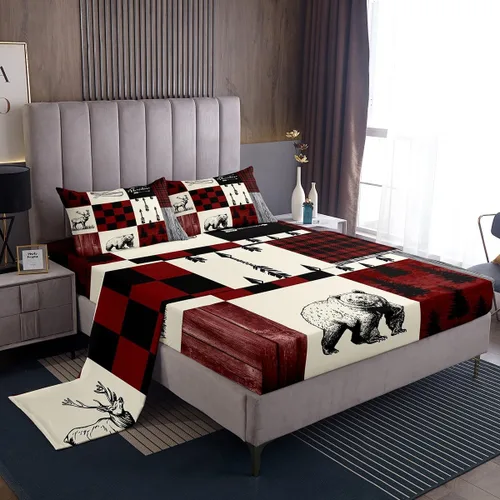 Miniatura 2 de Rustic Lodge - Juego de sábanas tamaño individual con diseño de oso y alce, diseño de retazos, color rojo y negro, a cuadros, ropa de cama de Multi