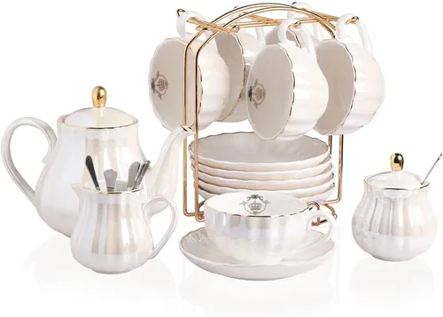 Sweejar Juegos de té de porcelana de la serie British Royal, tazas y platillo de 8 onzas para 6, con tetera, azucarero, jarra de crema, cucharaditas