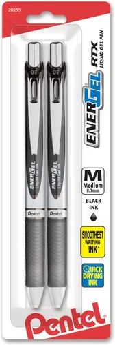 Pentel EnerGel Deluxe RTX - Bolígrafo de gel líquido retráctil, 1/32 de pulgada, punta de metal, tinta color negro, paquete de 2 unidades (BL77BP2A)