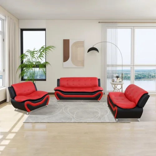 Miniatura 15 de Juego de sofá de cuero para sala de estar, juego de muebles de sala de estar de 3 piezas, juego de sofá moderno con sofá de 3 plazas, sofá biplaza