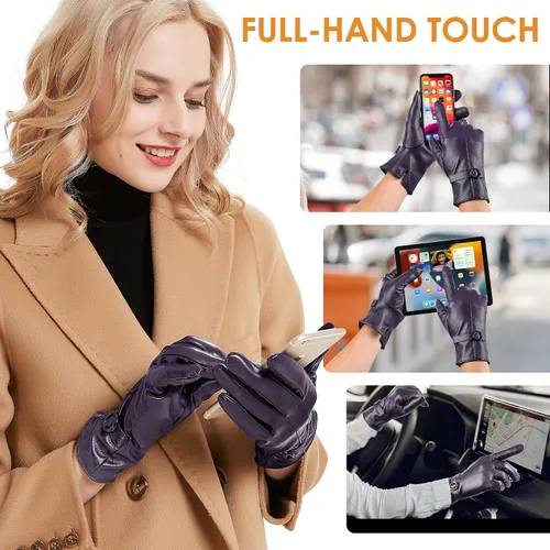 Miniatura 3 de Guantes de cuero de invierno para mujer, guantes de piel de cordero para pantalla táctil
