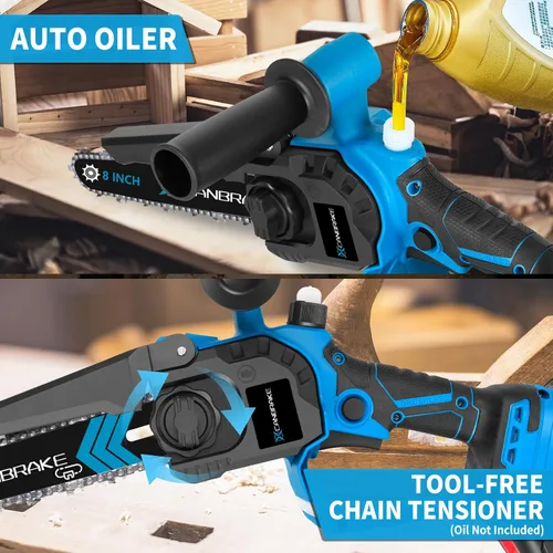 Miniatura 5 de Mini motosierra inalámbrica, de 8 y 6 pulgadas con 2 baterías de 4.0 Ah, 4 cadenas, 4 placas guía, indicador LED, motosierra eléctrica sin