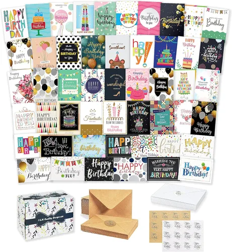 Miniatura 2 de Surtido de 50 tarjetas de feliz cumpleaños únicas grandes de 5 x 7 pulgadas con 25 sobres blancos y 25 marrones, calcomanías y felicitación genérica