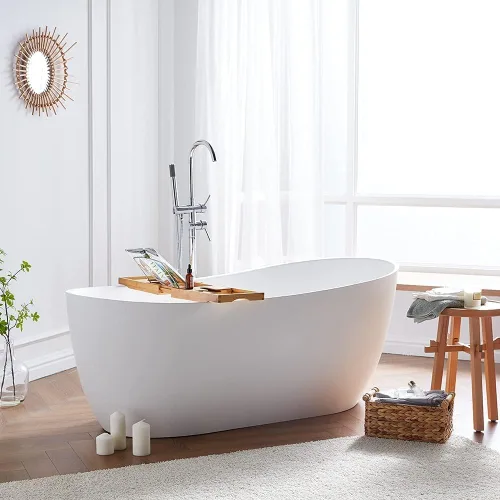 Miniatura 6 de Cpingao Stone Resin - Bañera ovalada independiente de 55 pulgadas, moderna bañera independiente con desbordamiento y drenaje desplegable, moldeado