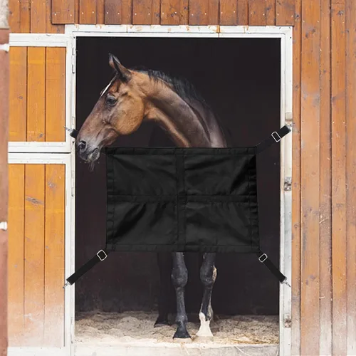 Miniatura 9 de Asooll Comedero de esquina para caballos, bolsa de heno de gran capacidad, con parte inferior de malla y broches para caballo, color negro