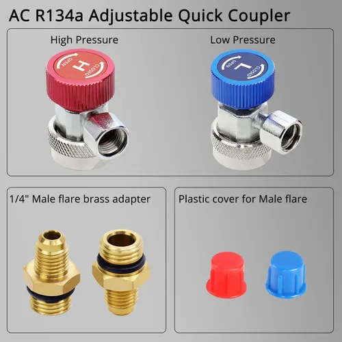 Miniatura 5 de YSTOOL Automotriz AC R134a Kit de acoplador rápido ajustable HVAC Conversión de conector alto y bajo con adaptador SAE macho de 1/4 de pulgada