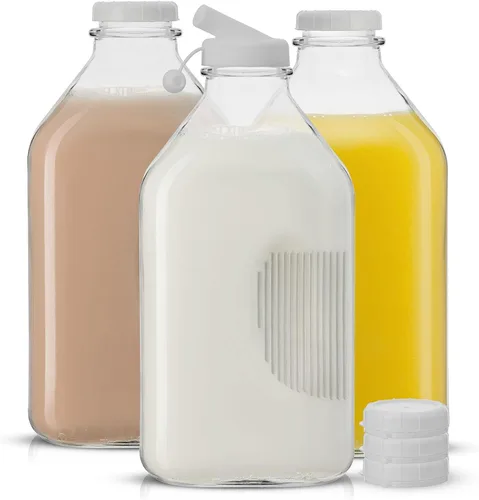 Miniatura 8 de JoyJolt Botellas de leche de vidrio con tapas y vertedor – 32 onzas, paquete de 3 botellas de vidrio reutilizables, herméticas, sin BPA, de grado