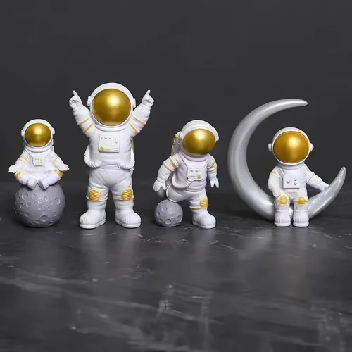 Juego de 4 estatuas de astronauta blancas y doradas, esculturas figuritas de astronauta, decoración temática espacial para habitación, estante,