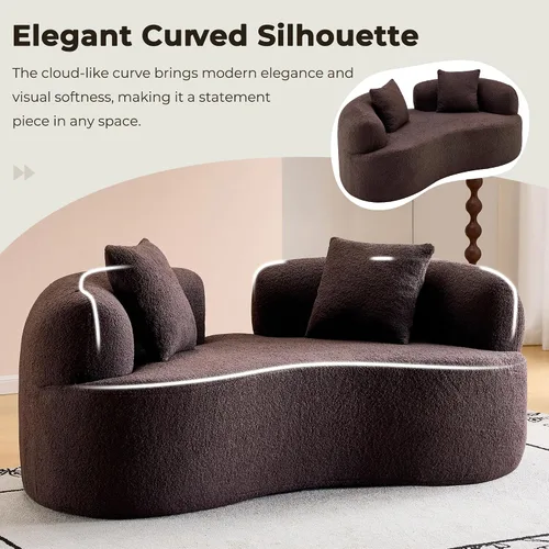 Miniatura 4 de 67'' Modern Curved Loveseat, Luxury Teddy Velvet Upholstered Couch, Comfy Cloud Compressed Sofa with 2 Pillows for Small Spaces Living Room