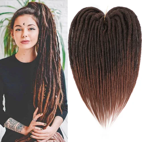 Extensiones de rastas rectas sintéticas de doble extremo, 24 pulgadas, 5 hebras de 0.5 in de ancho, suaves de color negro a marrón oscuro,