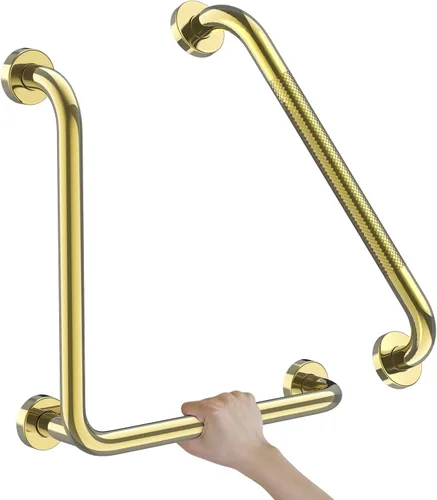 Miniatura 10 de Barra de sujeción en forma de L de cromo pulido de 12x24 pulgadas + pasamanos de ducha estriado de 20 pulgadas, barra de seguridad para inodoro