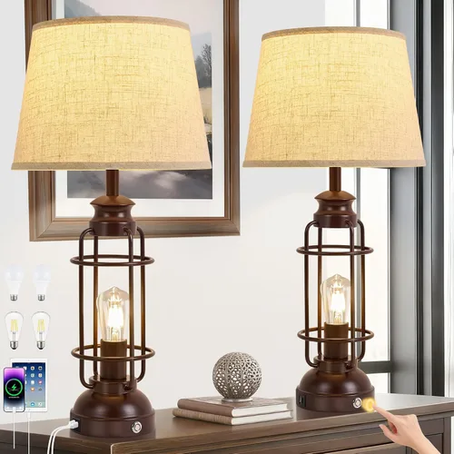 Miniatura 12 de Juego de 2 lámparas de mesa de 28" para sala de estar, lámparas táctiles regulables de 3 vías con puertos USB A+C, lámparas de mesa estilo granja