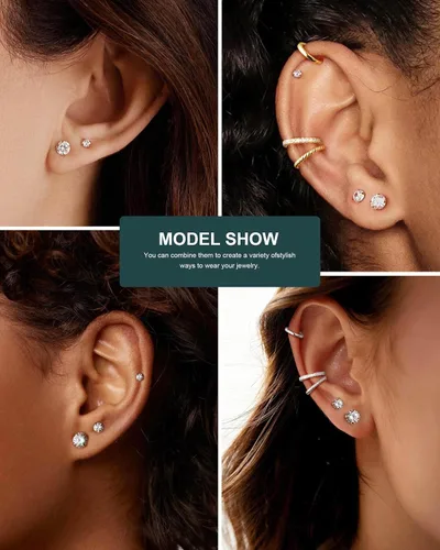 Miniatura 2 de Juego de 6 pares de aretes tipo dormilona hipoalergénicos con circonita cúbica de acero inoxidable 316L, 0.118-0.315 in