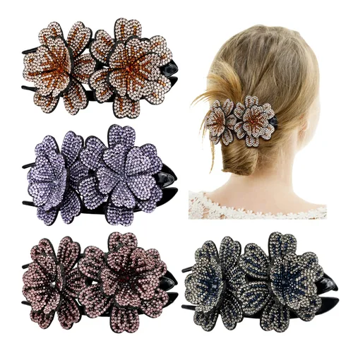Miniatura 8 de inSowni Juego de 4 Pinzas para el pelo de lujo con brillos de fantasía, cristales brillantes, decorativas, de plástico, con flores, clips de garra