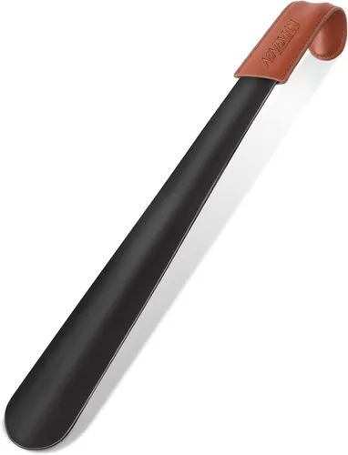 NINEMAX Calzador de mango largo para personas mayores, metal, 16.5 pulgadas de largo, cuerno de bota con mango de cuero para hombres y mujeres,