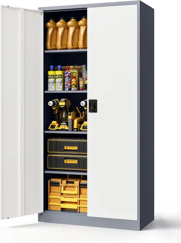 Miniatura 10 de Armario de almacenamiento de metal, archivador alto con 2 estantes ajustables y cajón, gabinete de herramientas de acero con cerradura para oficina
