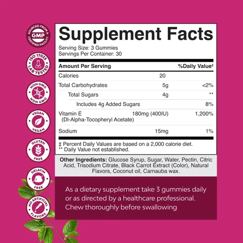 Miniatura 3 de Natures Craft Gomitas de vitamina E para el cuidado de la piel – Suplemento para la piel de 400 UI de vitamina E de alta potencia – Suplemento