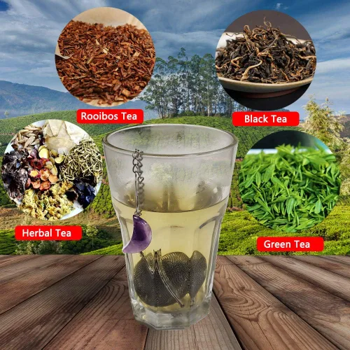 Miniatura 4 de 2 coladores de té, infusores de té de malla de acero inoxidable, amatista y cristal blanco con colgante de luna de cristal blanco, filtro de té