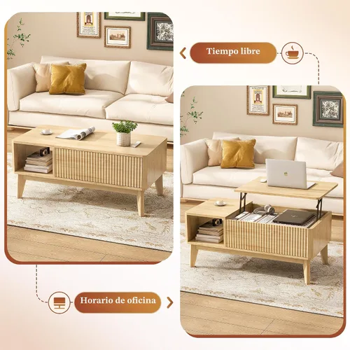 Miniatura 3 de LYNCOHOME Mesa de Centro con Tapa Elevable Acanalada con Almacenamiento, Mesa de Centro Moderna para Sala de Estar, Oficina en Casa (Natural)