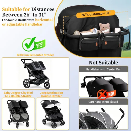 Miniatura 3 de Boomistry - Organizador doble para cochecito con 2 bolsillos refrigerantes, color negro Para Bob Duallie y Baby Jogger City Mini GT2, soporte