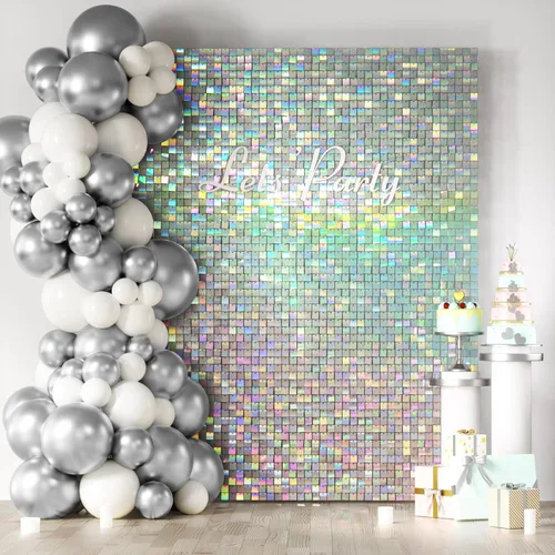 Miniatura 9 de COKAOBE Fondo de pared azul turquesa brillante, 24 piezas de panel de fondo cuadrado de lentejuelas brillantes, fondos de fotos para cumpleaños