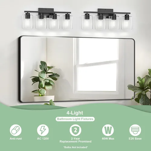 Miniatura 2 de Honesorn Lámparas de baño de 4 luces, luz de tocador de baño, color negro mate, accesorios de iluminación modernos con pantalla de vidrio