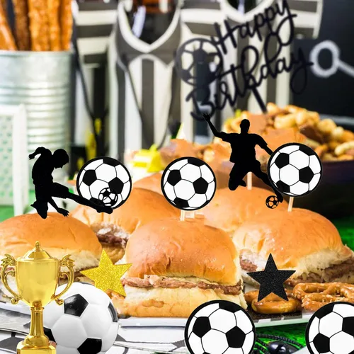 Miniatura 7 de 28 piezas Decoración de pastel de fútbol con jugador de fútbol de pelota de fútbol para fiesta de cumpleaños de fútbol, suministros de fiesta